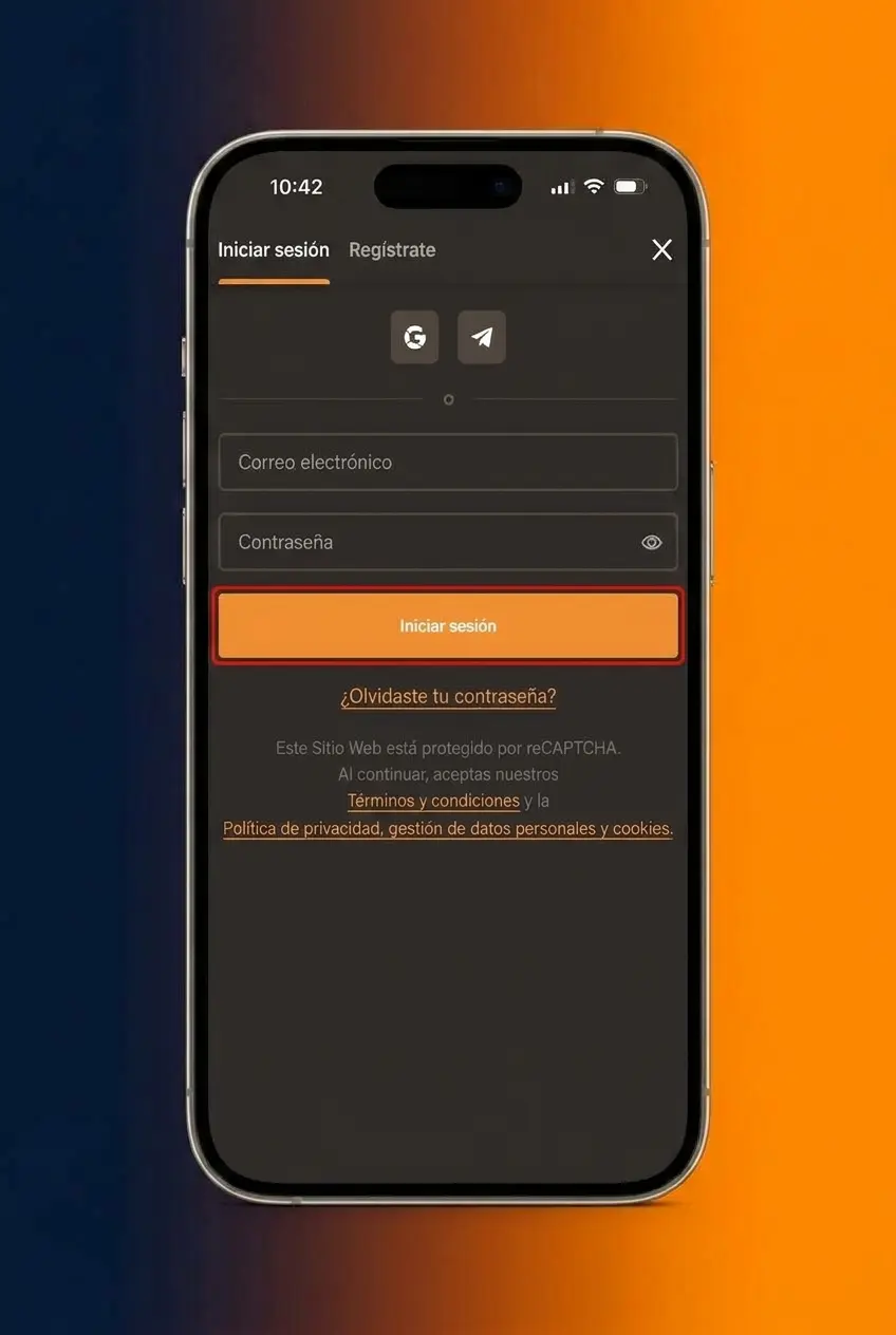 Pantalla de acceso seguro al perfil con campos de correo, contraseña y código de validación.